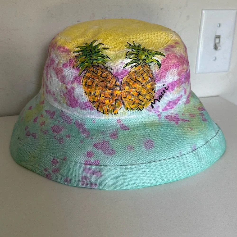 Scala Pastel Pink Aqua Yellow Hawaiian Canvas Pineapple Bucket Hat